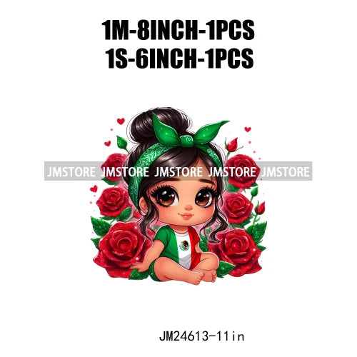 Cute Chibi Mexican Girl Designs Hispanic Red Rose Green Coquette Bow Latina Princess Iron On DTF Transfers Stickers For T-shirts