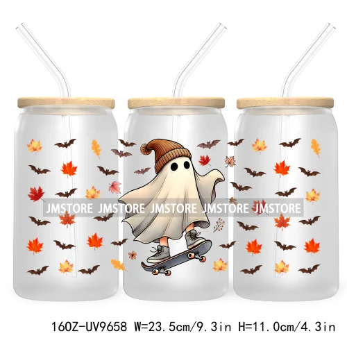 Spooky Ghost Fall Halloween Pumpkin Season UV DTF Sticker For 16OZ Libbey Glass Cup Can Autumn Leaves Wrap Transfer Stickers