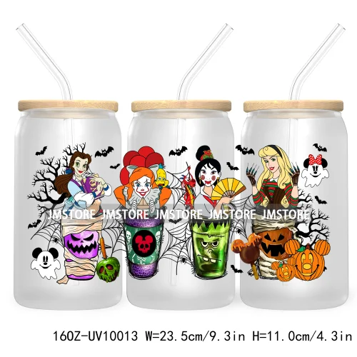 Halloween Coffee Cups UV DTF Sticker For 16OZ Libbey Glass Cup Can Cartoon Princess Wrap Transfer Stickers Custom Labels Logo