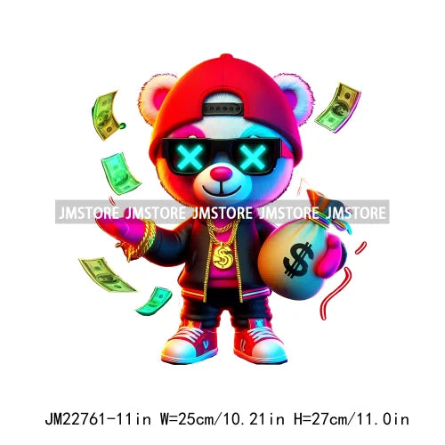 Cool Neon Colorful Hip Hop Streetwear Urban Teddy Bear Iron On DTF Transfers Stickers Ready To Press For Clothing Bags