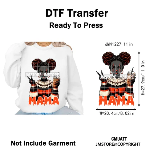 Black Girls Coffee Drinking Halloween Scary Movie Killer Mama Iron on Washable DTF Transfers Stickers Ready to Press for Clothes