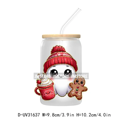 Glitter Cartoon Character With Christmas Hat Holiday Xmas UV DTF Transfer Stickers Decals For Libbey Cold Cup Mug Tumbler Labels