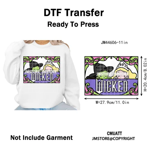 Pink and Green Magic Broomstick Witches Movie Fans Iron on Washable DTF Heat Transfers Stickers Ready to Press for Sweatshirts