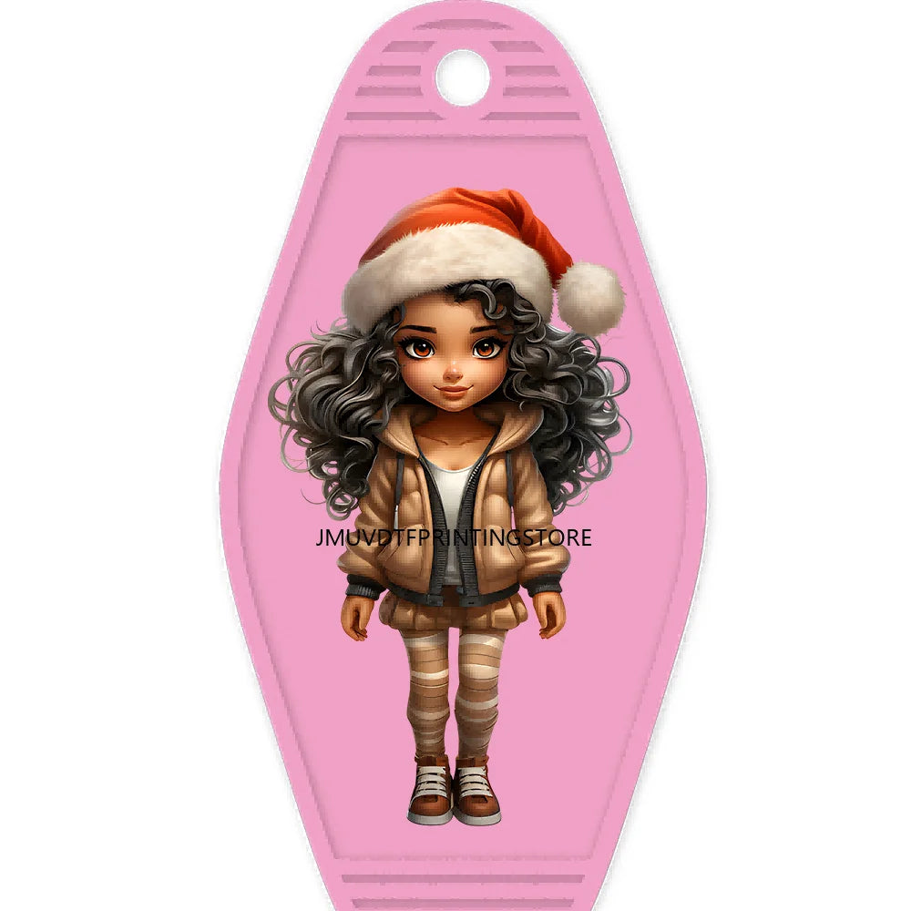 Merry Christmas Little Girls With Santa Hat High Quality WaterProof UV DTF Sticker For Motel Hotel Keychain