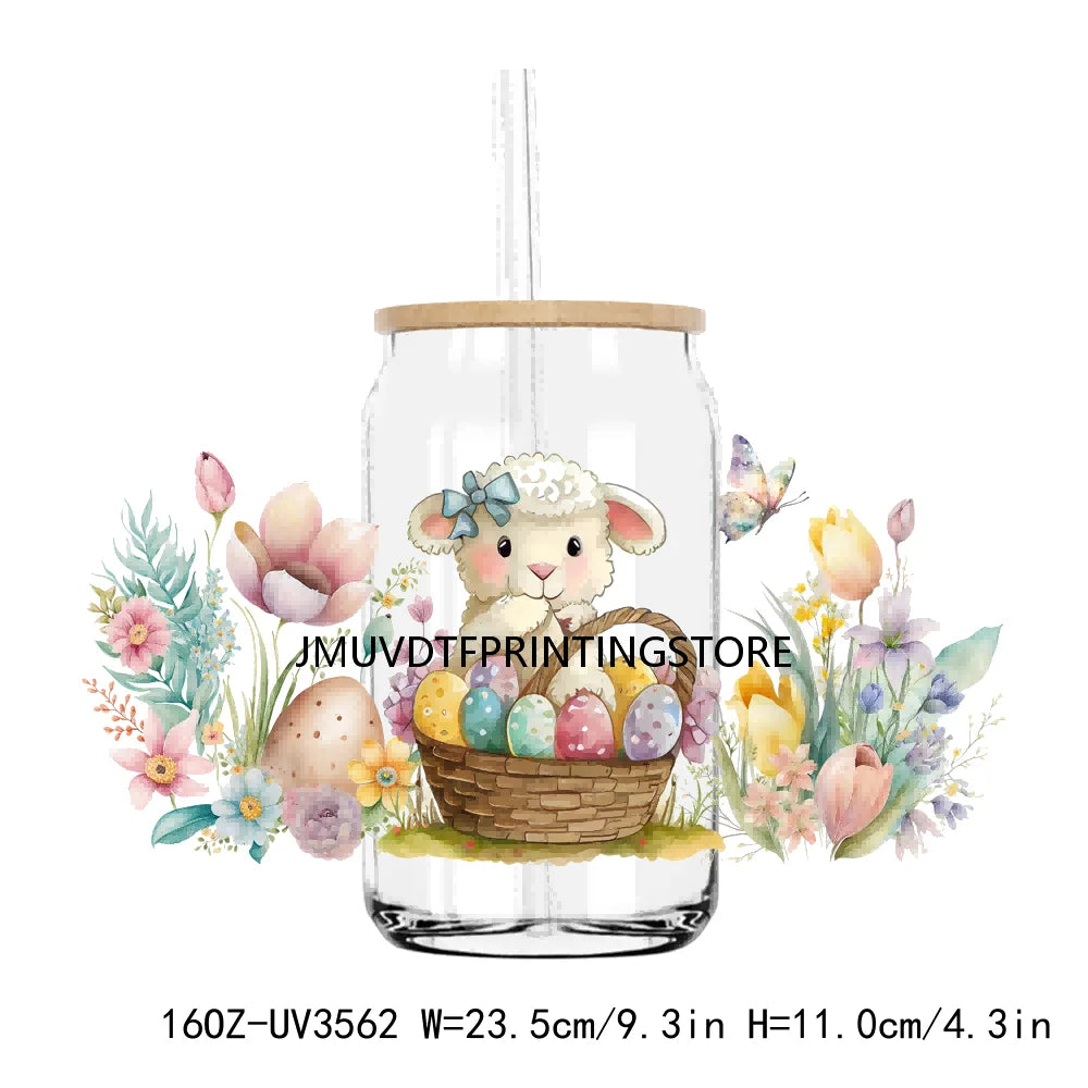 Happy Easter Day UV DTF Sticker For 16OZ Libbey Glass Cup Can Wrap Transfer Sticker Custom Labels DIY Logo Animals Bunny Eggs