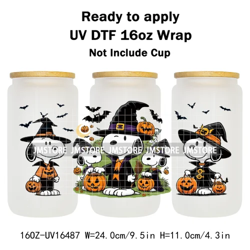 Spooky Ghost Halloween Pumpkin Cartoon Dog 16OZ UV DTF Cup Wraps Ready To Apply Waterproof Transfer Sticker For Libbey Glass Can