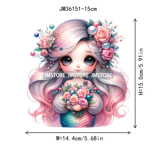 15cm 5.9in Cute Kid Flower Mermaid Iron On DTF Heat Transfer Sticker For Clothes Printed Thermal Applique Washable T-Shirt Decal