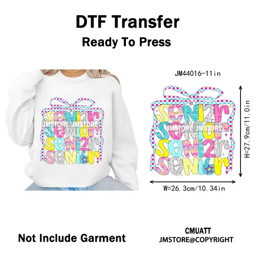 Preppy Coquette Senior 2026 Mega Graduate Cap Varsity Iron on Washable DTF Heat Transfers Stickers Ready to Press for Textiles