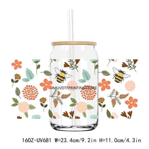 Wild Floral Flowers Bee And Fruits UV DTF Sticker For 16OZ Libbey Glass Cup Can Wrap Transfer Sticker Custom Labels DIY Logo