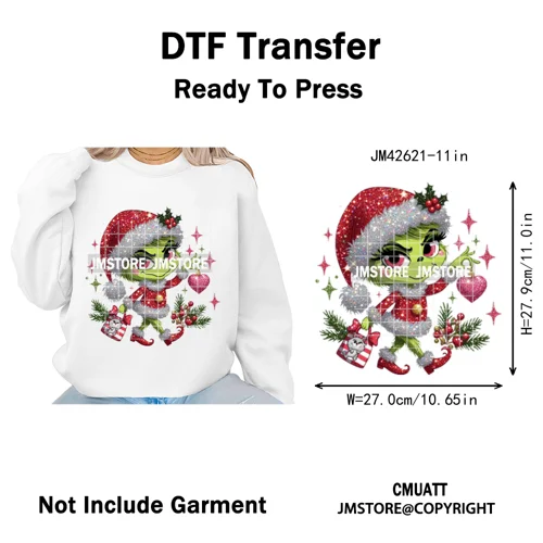 Faux Glitter Cartoon Christmas Movie Green Santa Kid Girly Xmas Iron on DTF Washable Transfer Sticker Ready to Press for Textile