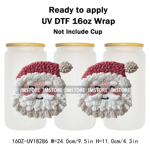 Faux Yarn Christmas Reindeer UV DTF Cup Wrap Ready To Apply Transfer Stickers Durable 16OZ Tumbler Wraps For Libbey Glass Can