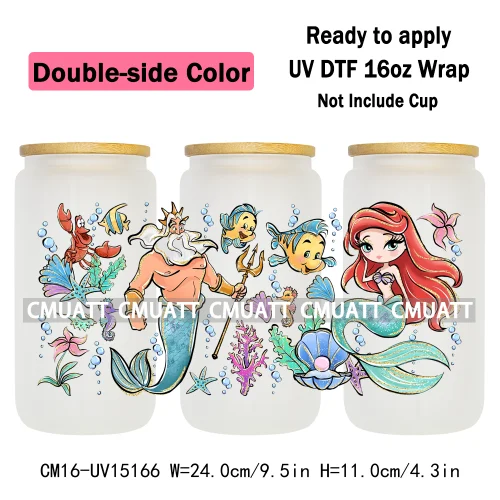 Double Sided Color UV DTF Cup Wraps 16OZ Bulk Waterproof Wholesale Custom Cartoon Cute Princess Mug Glass Water Bottles Sticker