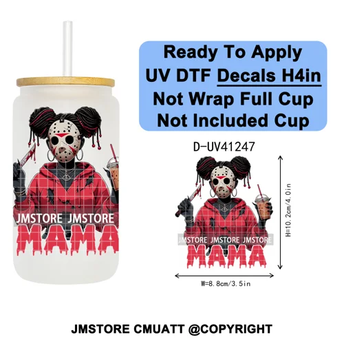 Black Girl Horror Characters Halloween Coffee UV DTF Transfer Sticker Decals Ready To Apply Waterproof For 16OZ Libbey Glass Can