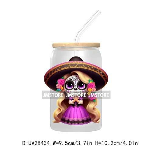 Cute Latina Cartoon Princess Baby Girl UV DTF Transfer Stickers Decals For Libbey Cold Cups Mug Tumbler Labels Sugar Skull Woman