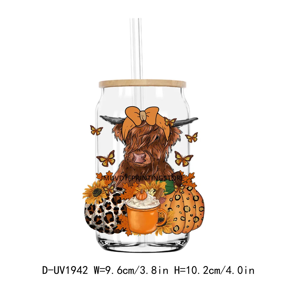 Howdy Fall Highland Cow Pumpkin UV DTF Transfers Stickers Decals For Libbey Cold Cups Mugs Tumbler Waterproof DIY Craft