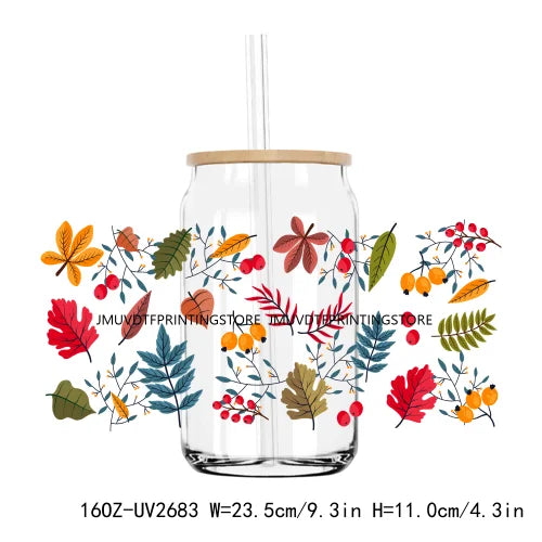 Birds With Autumn Leaves UV DTF Sticker For 16OZ Libbey Glass Cup Can Wrap Transfer Sticker Custom Labels DIY Logo Fall Pumpkin