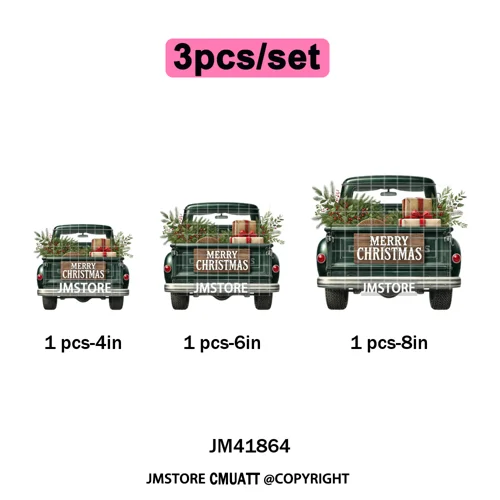 Christmas Pickup Truck Car Winter Tree Snowy Holiday Decoration Iron on DTF Heat Transfers Stickers Ready to Press for Clothing