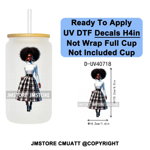 Big Hair Fashionable Black Girl UV DTF Decals Ready To Apply Waterproof Transfer Stickers DIY Crafts For 16OZ Libbey Glass Can