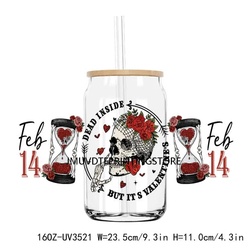 Valentine's Day Skull Skeletion Flower UV DTF Sticker For 16OZ Libbey Glass Cup Can Wrap Transfer Sticker Custom Labels DIY Logo