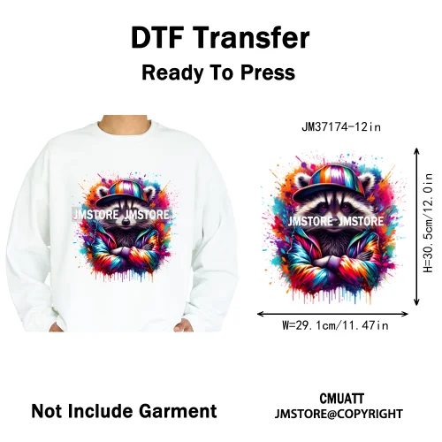 12in Colorful Gangster Urban Hip Hop Music Panda Dog Animal Lover Iron on DTF Heat Transfer Stickers Ready to Press for Clothing