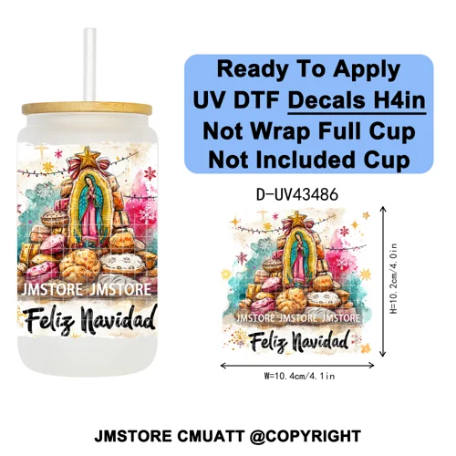 Feliz Navidad Mexican Christmas UV DTF Decals Ready To Apply Waterproof Transfer Stickers DIY Crafts For 16OZ Libbey Glass Can