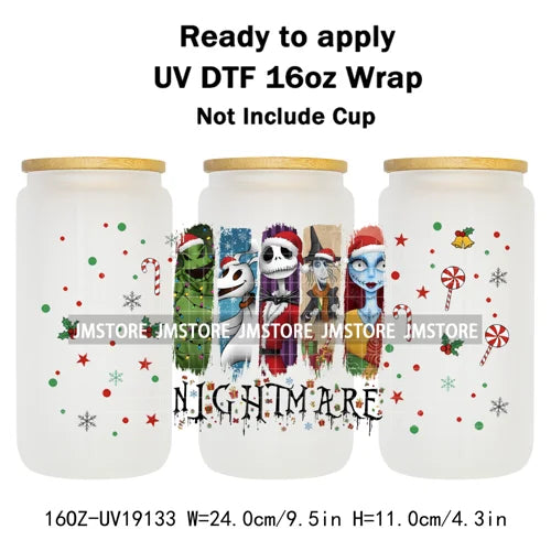 Horror Christmas Nightmare Character UV DTF Wrap Transfer Sticker Selfadhesive Waterproof High Quality For 16OZ Libbey Glass Can