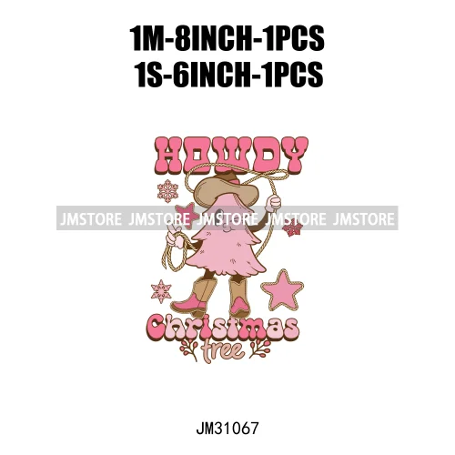 Funny Retro Western Merry Bright Country Christmas Cowgirl Howdy Tree Iron On DTF Transfers Stickers Ready To Press For Hoodies