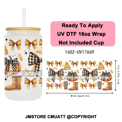 Halloween Fall Autumn Pumpkins Coquette Leopard Bow UV DTF Cup Wrap 16OZ Ready To Apply Transfer Stickers For Libbey Glass Can