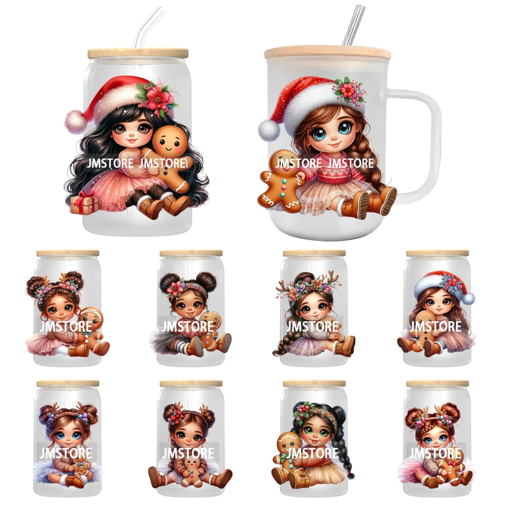 Floral Christmas Latina Chibi Girl UV DTF Transfer Stickers Decals Ready To Apply Good Quality Prints For Libbey Cold Cup Mugs