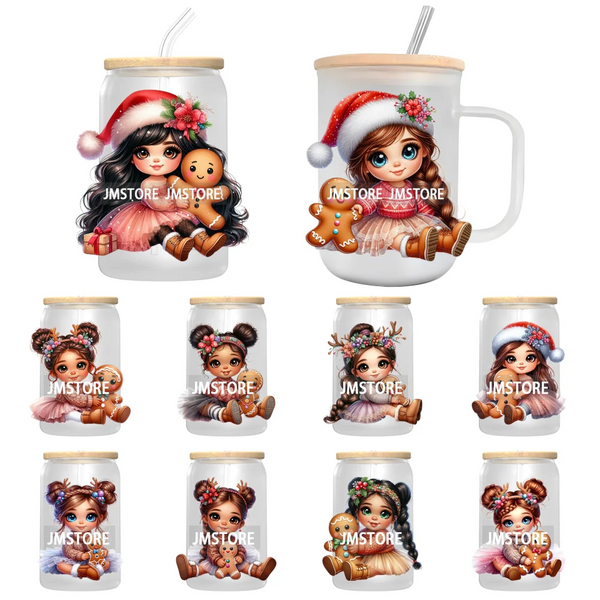 Floral Christmas Latina Chibi Girl UV DTF Transfer Stickers Decals Ready To Apply Good Quality Prints For Libbey Cold Cup Mugs
