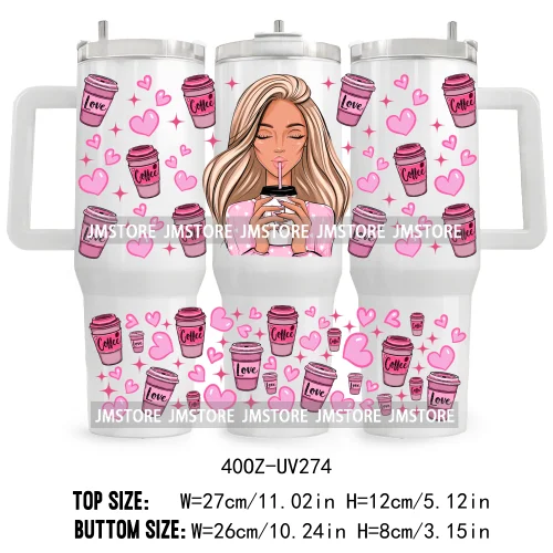 40OZ Tumbler Wrap Girl With Coffee UV DTF Cup Wraps Transfer Stickers Custom Labels Durable Waterproof Logo Pink Drinks Lady