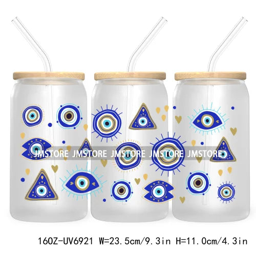 Blue Evil Eye 16OZ UV DTF Cup Wrap Transfers Stickers For Libbey Glass Can Cups Tumbler Waterproof Craft Mexican Culture Wraps