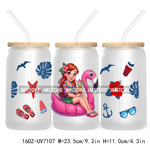 Cartoon Princess's Summer Vacation 16OZ UV DTF Cup Wrap Transfers Stickers For Libbey Glass Can Cups Tumbler Waterproof Craft