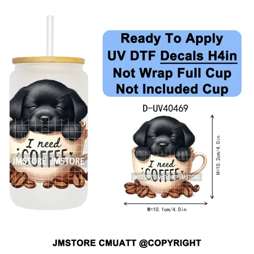 Puppy Coffee Dog Cartoon Pet Lover UV DTF Decals Ready To Apply Waterproof Transfer Stickers For 16OZ Libbey Glass Can Tumbler