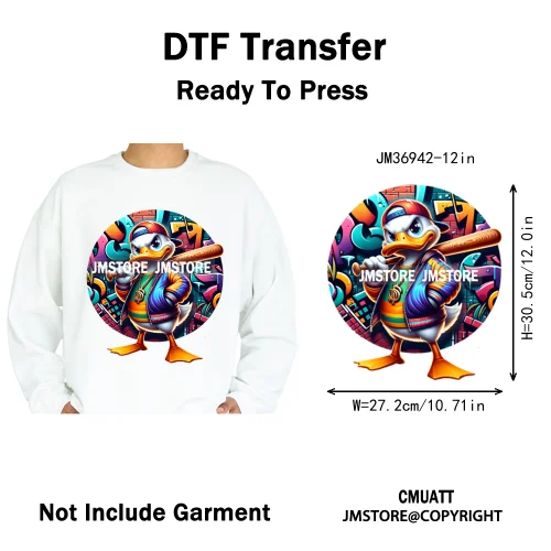 12in Cartoon Streetwear Duck Off Hip Hop Gangster Animal Vibes Iron on DTF Transfers Stickers Ready to Press for T-shirts Bags