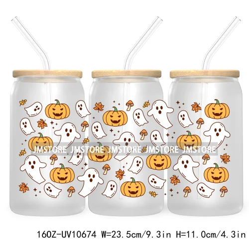 Spooky Halloween Ghost UV DTF Sticker For 16OZ Libbey Glass Cup Can Girly Coquette Bow Wrap Transfer Stickers Custom Labels Bats