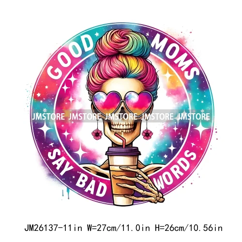 Colorful Coffee Skull Mom Life Boujee Sarcastic Good Moms Say Bad Words DTF Iron On Transfer Stickers Ready To Press For Clothes