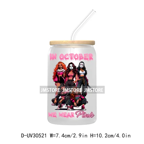 In October We Wear Pink UV DTF Transfers Stickers Decals For Libbey Cold Cups Mugs Tumbler Waterproof Craft Horror Movie Sisters