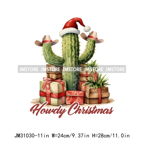 Retro Western Howdy Cowboy Santa Snowmies Cactus Merry Christmas Iron On DTF Transfers Stickers Ready To Press For Clothing