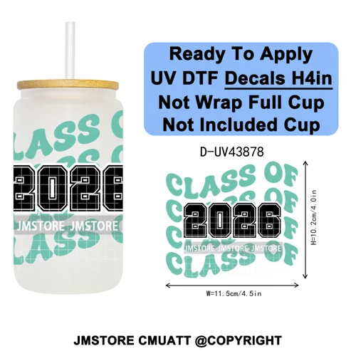 College Grad Class Of 2026 UV DTF Cup Decals Ready To Apply Transfer Stickers Durable Custom Labels For Libbey Glass Can Mugs
