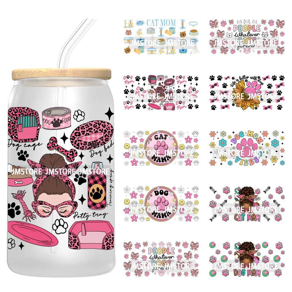 Pet Puppy Dog Paws Flowers Cat Mom Dogs Mama 16OZ UV Cup Wrap DTF Transfer Stickers Waterproof For Libbey Glass Can Cups Tumbler