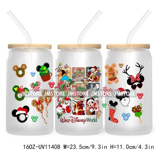 Merry Christmas Cartoon Couple 16OZ UV DTF Cup Wrap Ready To Apply For Libbey Glass Can Cup Tumbler Gingerbread Candy Cane Mouse