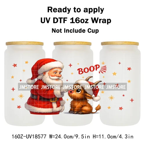 Howdy Christmas Western Highland Cow 16OZ UV DTF Cup Wraps Ready To Apply Waterproof Transfer Stickers For Libbey Glass Can