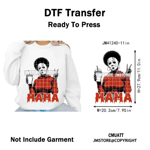 Black Girls Coffee Drinking Halloween Scary Movie Killer Mama Iron on Washable DTF Transfers Stickers Ready to Press for Clothes