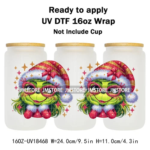 Faux Glitter Christmas Girl Green Guy UV DTF Stickers Ready To Apply Cup Wrap Custom Labels DIY Craft For Libbey Glass Can Mugs