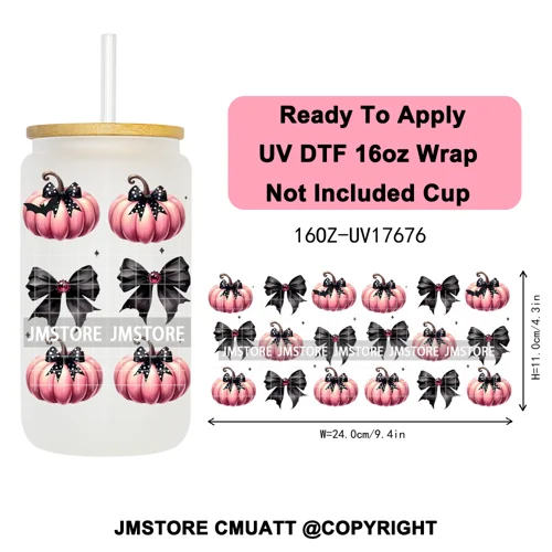 Halloween Fall Autumn Pumpkins Coquette Leopard Bow UV DTF Cup Wrap 16OZ Ready To Apply Transfer Stickers For Libbey Glass Can