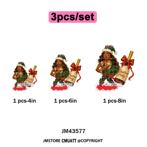 Wine Christmas Black Girls Santa Cheer Winter Holiday Party Iron on Washable DTF Transfers Stickers Ready to Press for Textiles