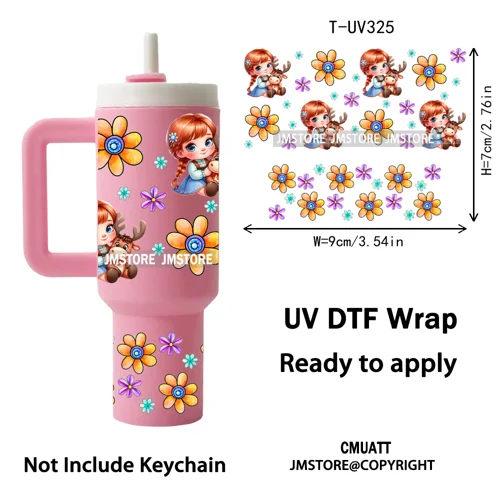 Watercolor Little Girl Cartoon Princess Flowers UV DTF Wraps Ready To Use Transfer Stickers Waterproof For Mini Tumbler Keychain