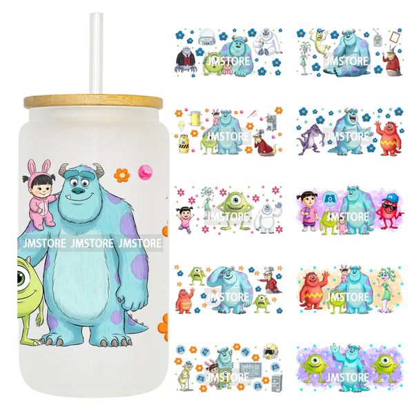 Watercolor Monsters Character Floral UV DTF Transfer Sticker Cup Tumbler Wrap For 16OZ Libbey Glass Bottle Mug Wraps Cartoon