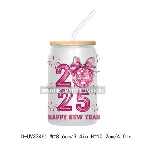 Retro Happy New Year 2025 Coquette Bow UV DTF Transfer Stickers Decals For Libbey Cold Cups Mugs Tumbler Waterproof Custom Logo